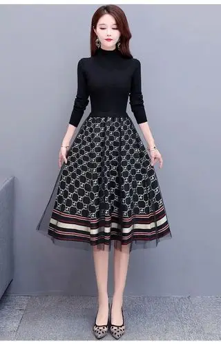 女装 连衣裙 德莉娅 德莉娅 高端品牌圆领中长款收腰毛衣裙女2020秋