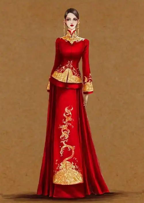 中式婚礼礼服设计手绘效果图情人节骗你结婚