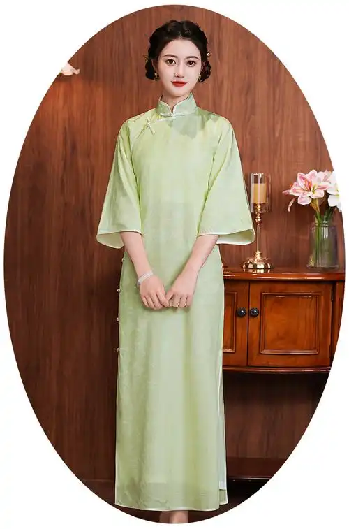 传统旗袍宽松版2022新款古法一片式平裁无省倒大袖清新减龄旗袍材质