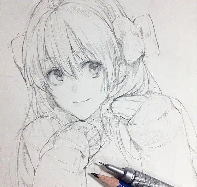 铅笔稿,清新甜美的动漫女孩