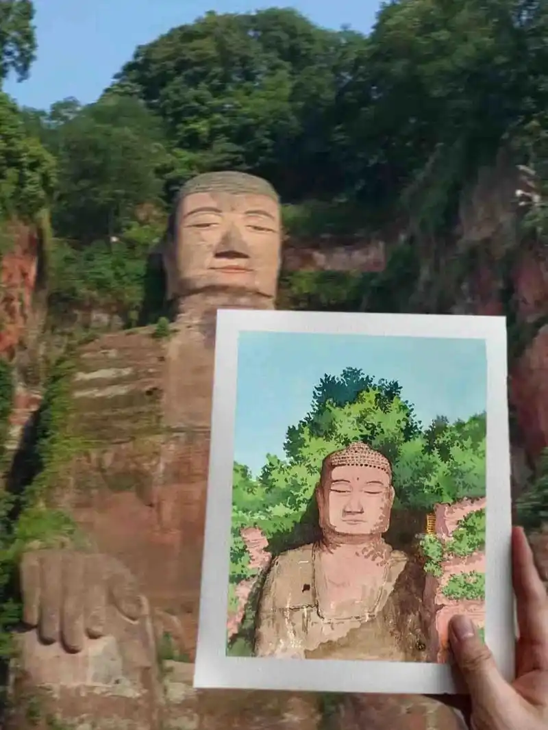 水彩风景画【乐山大佛】