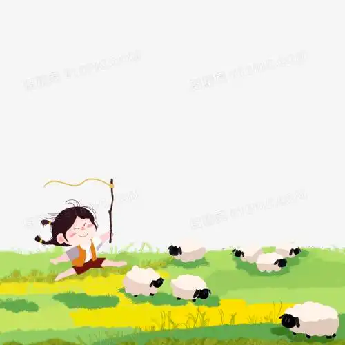 卡通手绘小女孩放羊群元素