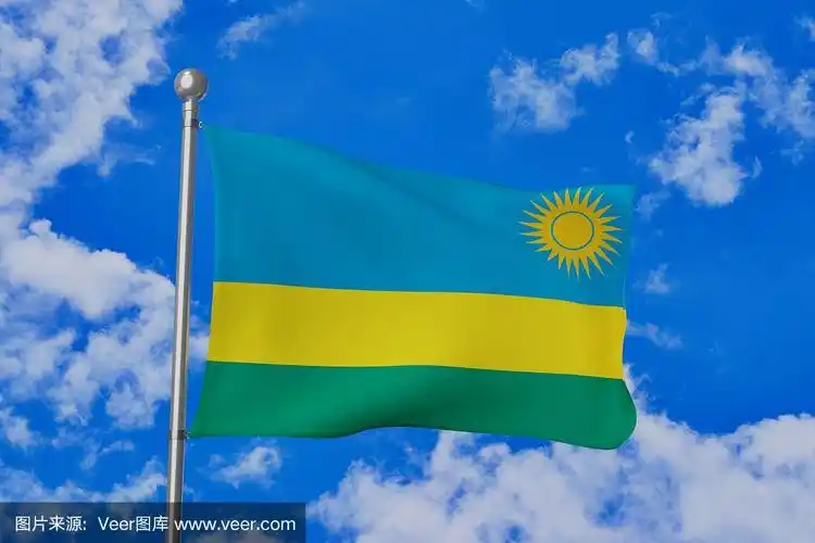 卢旺达国旗孤立地飘扬在蓝色多云的天空中