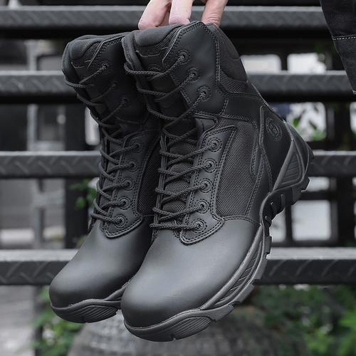 君洛克防刺拉链作战靴男士战术靴牛皮黑色耐磨防滑户外靴秋冬季