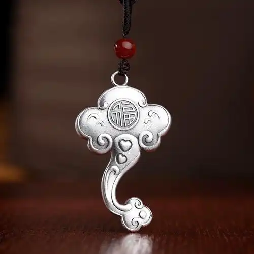 s999足银祥云纹银如意吊坠纯银福字实心古法项链挂件男女项坠