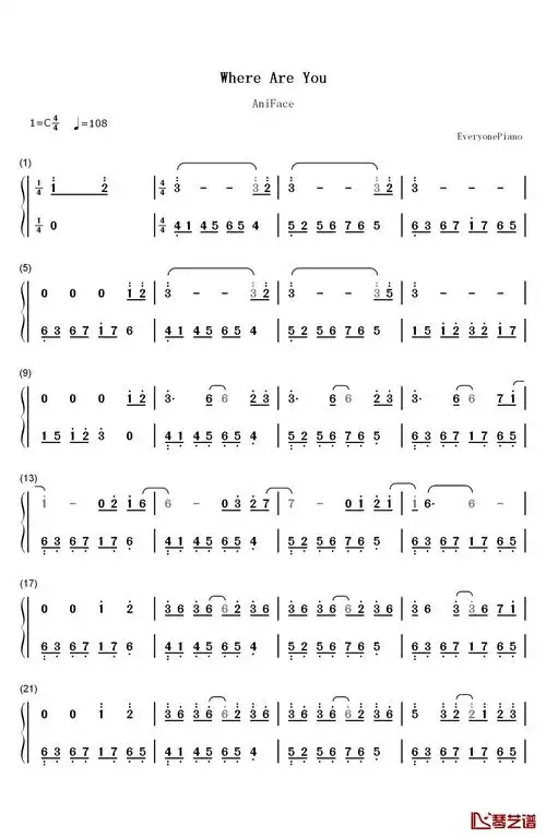 whereareyou钢琴简谱数字双手aniface
