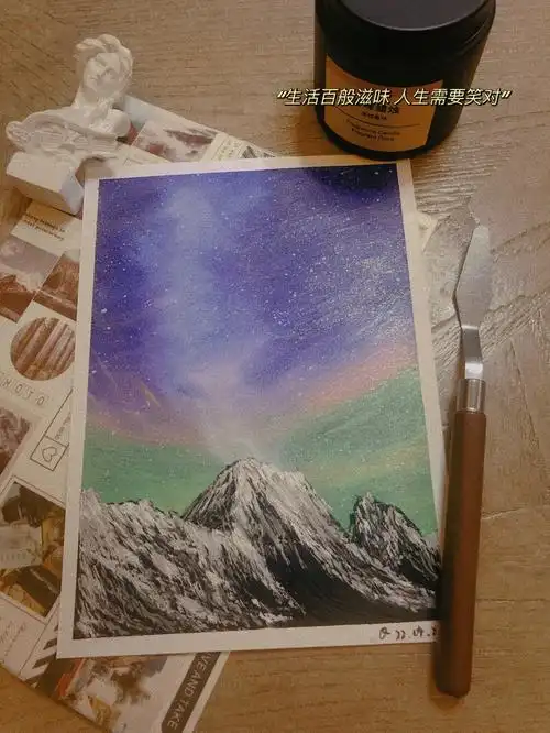 油画棒极光雪山