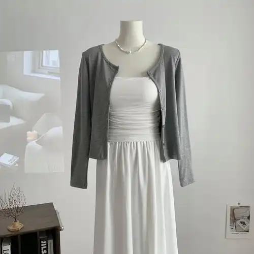 白水女丝丝冰凉开衫~灰色防晒针织开衫女小众设计感长袖上衣 - 17网