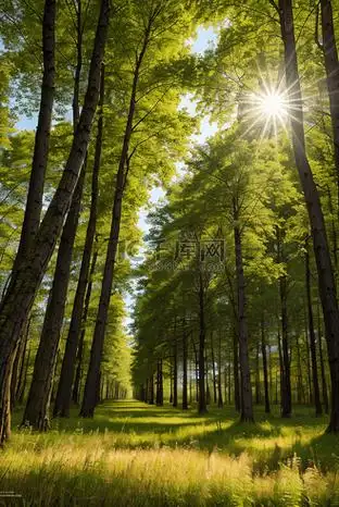 阳光透过树林自然风光高清图片