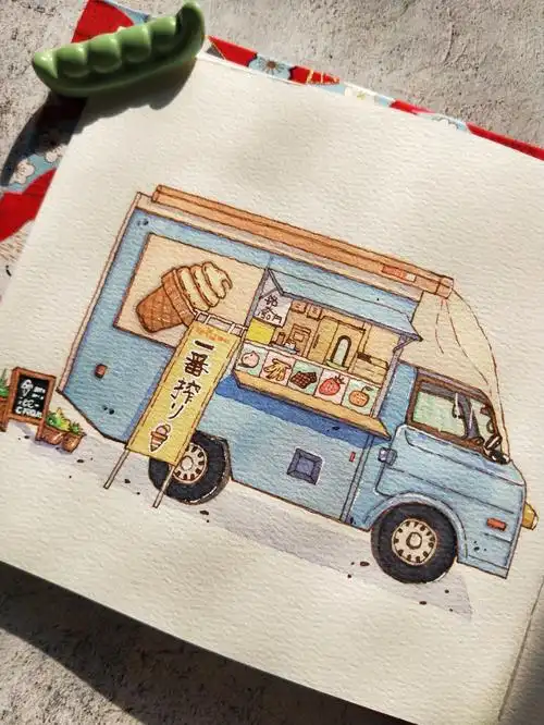 钢笔淡彩临摹冰淇淋车