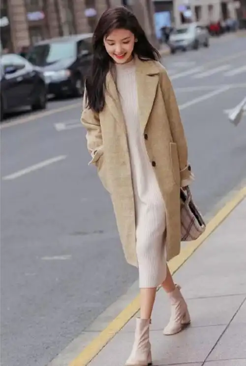 杏色小短靴搭配图片