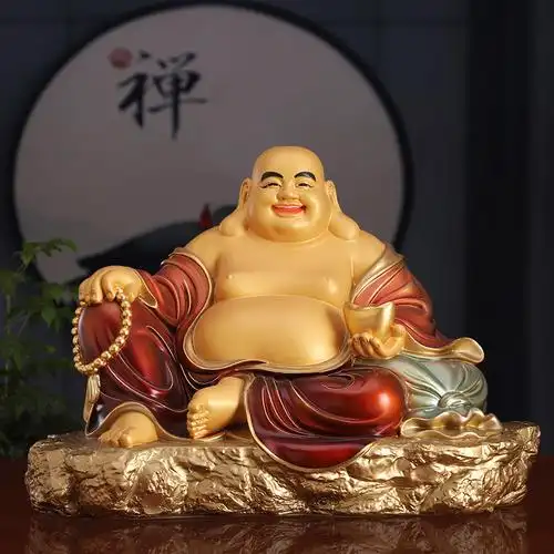 (今日10折)台湾纯铜彩绘弥勒佛摆件家用供奉大肚笑佛