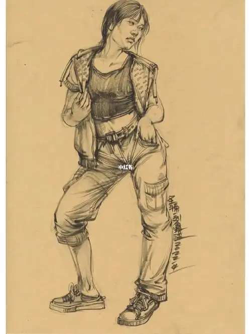 速写单人女青年站姿线面结合步骤