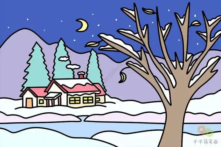 少先队员简笔画画法冬天雪夜风景简笔画图片冬日雪景简笔画冬雪的夜景