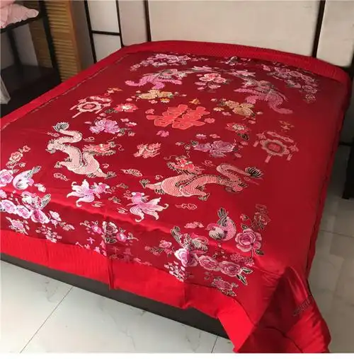 婚庆大红绿被套杭州丝绸缎结婚被罩软缎喜被面全棉被里龙凤百子图