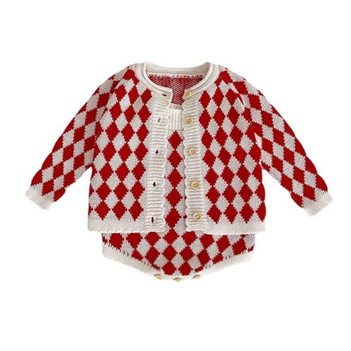针织套装纯棉长袖毛衣爬爬服衣服女宝宝韩版洋气格子开衫婴儿春装