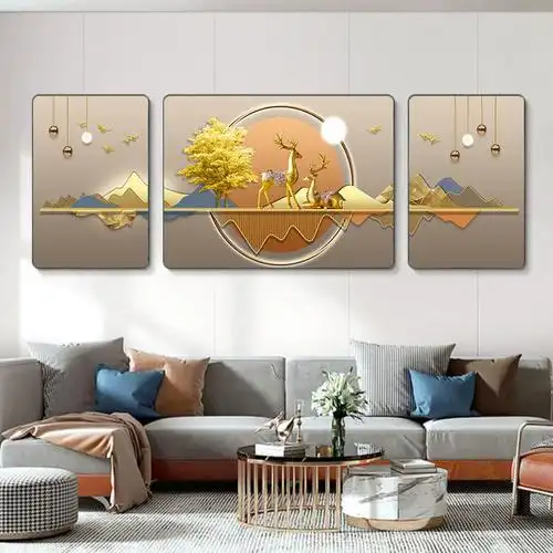 一鹿有你装饰画背景墙客厅壁画晶瓷画轻奢抽象三联画墙画沙发挂画
