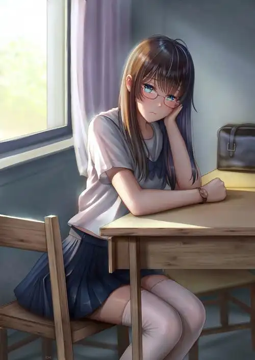 女学生眼镜书桌白色丝袜水手服全面屏4k手机壁纸动漫美女