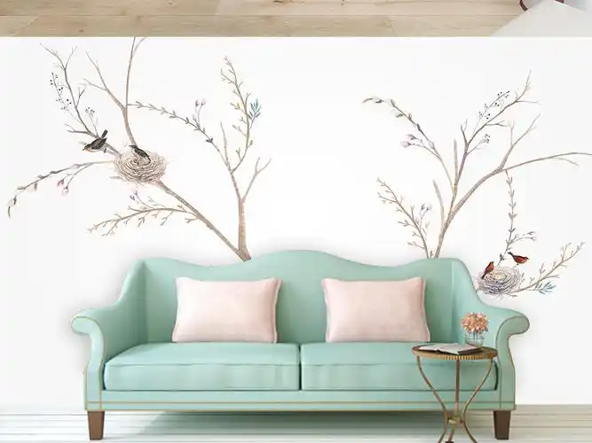 现代北欧鸟巢树枝手绘壁画简约床头背景墙