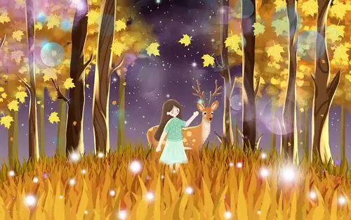 世界动物日秋天插画唯美秋分树林女孩与梅花鹿原创插画海报背景