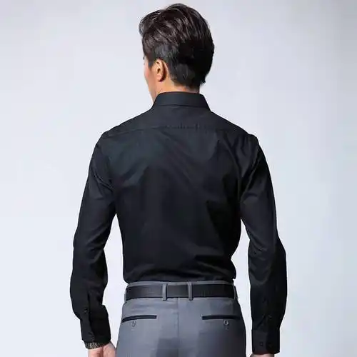 春季男士长袖衬衫商务休闲白衬衫免烫修身韩版纯色衬衣 黑色 17码=43