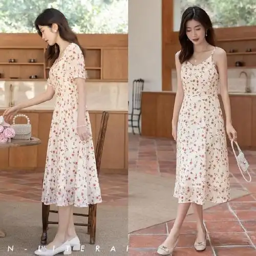 示范1,搭配"奶奶鞋"除了要多加注意上衣与碎花裙的搭配,在鞋子的选择