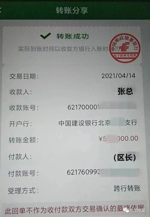 来了一张转账成功的凭证截图,显示"领导"已经给企业负责人转款50万元