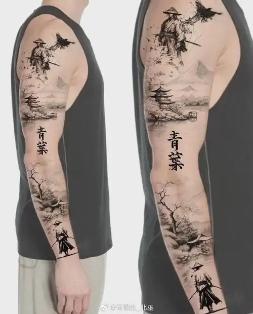 花臂手稿示范图参考    #武汉纹身##水墨纹身##山水纹身##意境纹身