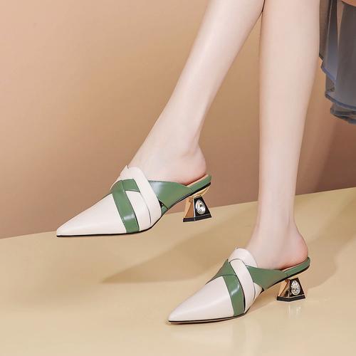 半包头绿色粗跟水钻拖鞋外穿时尚中跟真皮女鞋夏季新款凉鞋