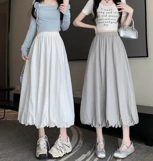 实拍～实价现货高腰显瘦白色花苞裙小个子半身裙中长款a字裙子… - 17