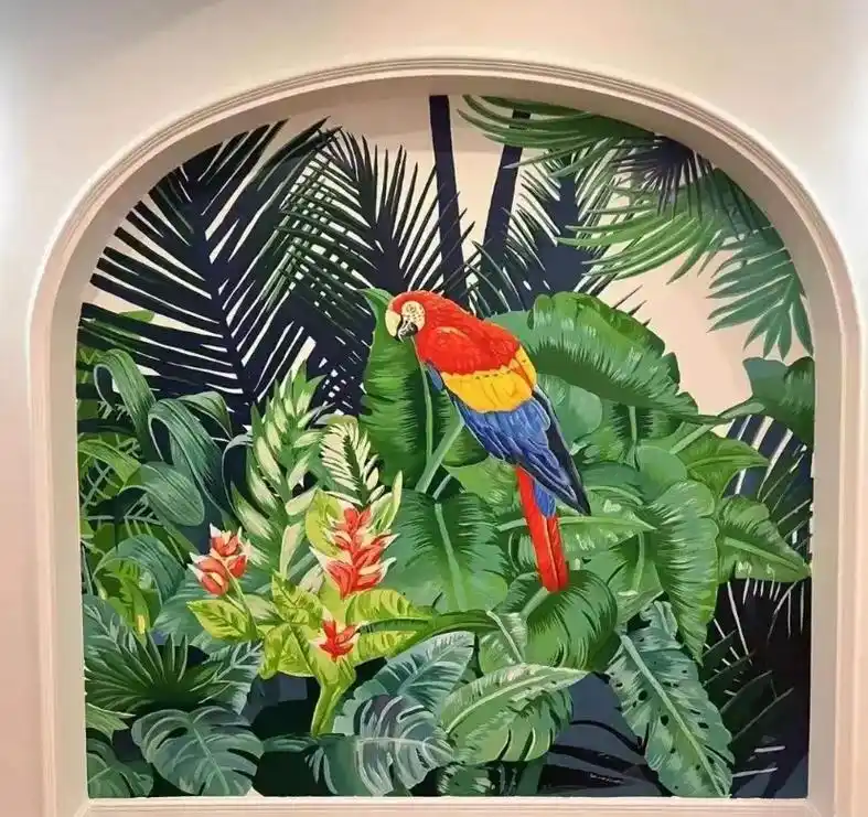 手绘植物花鸟墙绘.专注墙体彩绘#墙体彩绘 #壁画 #画画 # - 抖音