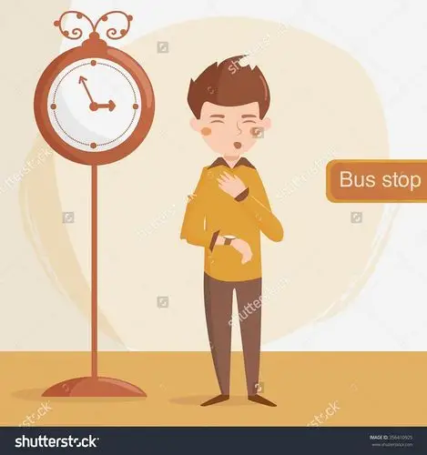 男人在公共汽车站.等待.向量孤立的插图.