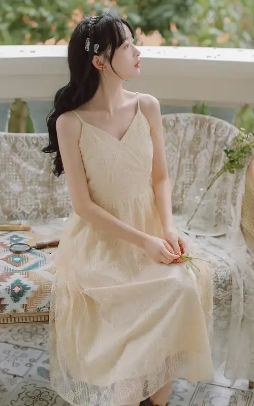 不低于99有视频大图现货实拍法式小众温柔蕾丝吊带裙