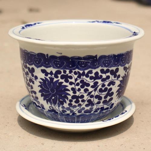 陶瓷花盆带托盘青花瓷花钵阳台水培古达绿植绿萝铁树盆栽 缠枝莲 迷你