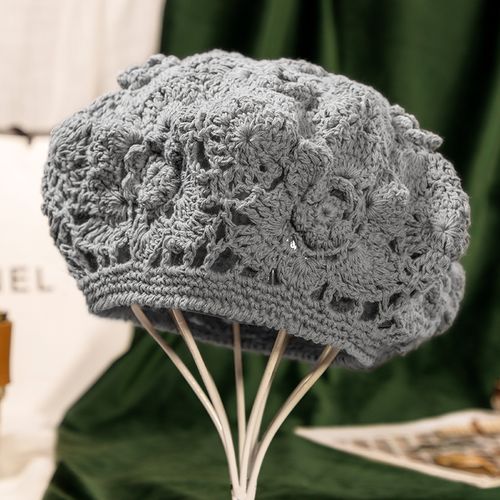 2022新款女士贝雷帽时尚百搭手工针织帽子女秋季镂空钩花帽显脸小