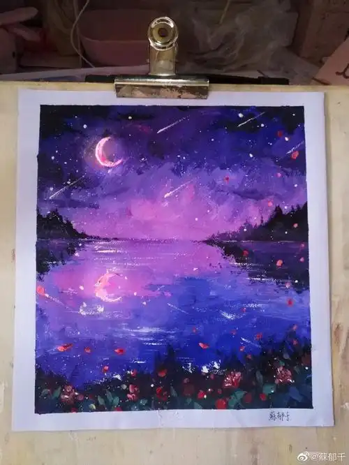 手绘 绘画过程 水粉#水粉画  #色彩  #梦幻星空  #插画分享