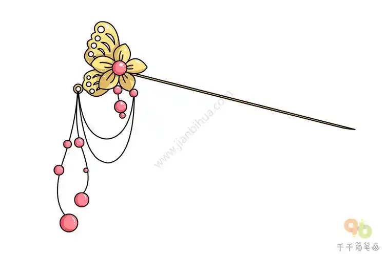 金累丝嵌红宝石双鸾点翠步摇简笔画