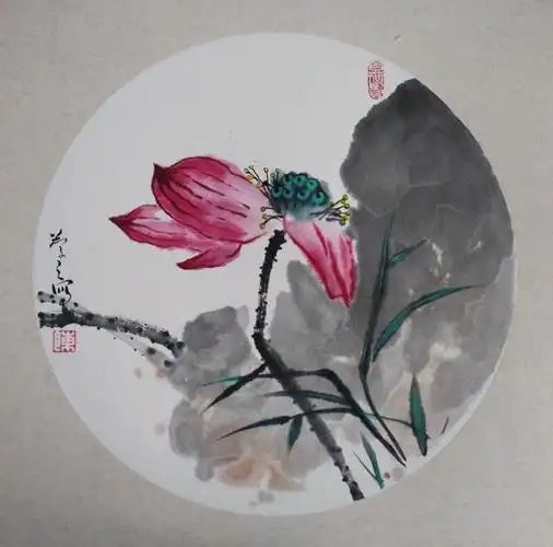 庆之写意国画 写意花鸟 荷花小品 尺寸:38mmx38mm 圆心:33mmx33mm 50