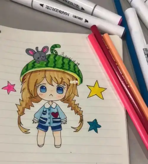 马克笔77彩铅q版西瓜小可爱72