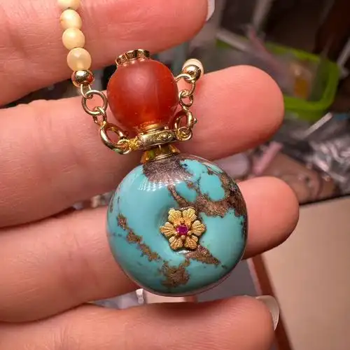 橦橦小铺天然原矿绿松石酒壶精油瓶s925银万能扣吊坠闻香瓶香水瓶