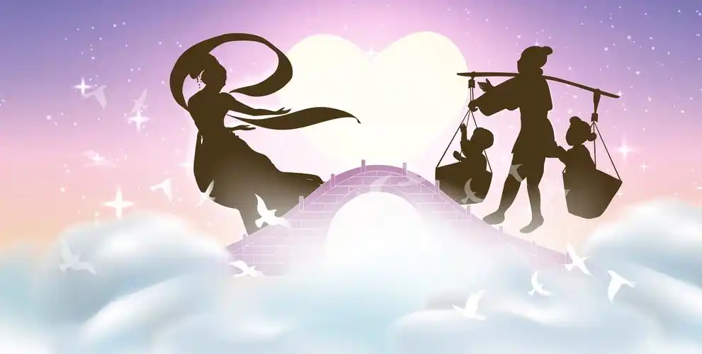 七夕情人节牛郎织女儿女云朵上鹊桥相会剪影