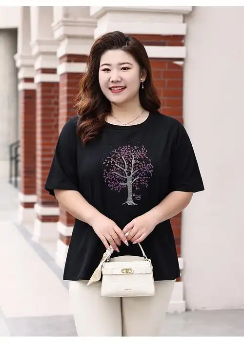 300斤胖妹妹夏季新款短袖t恤加肥加大码时尚烫钻宽松遮肉显瘦上衣