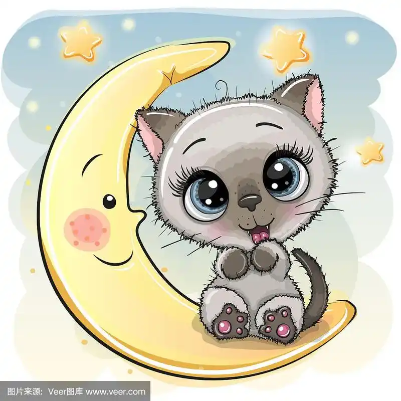 可爱的卡通小猫坐在月亮上