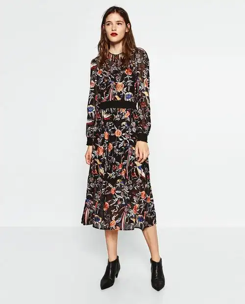 zara女装2016秋冬新款刺绣中长连衣裙7521245