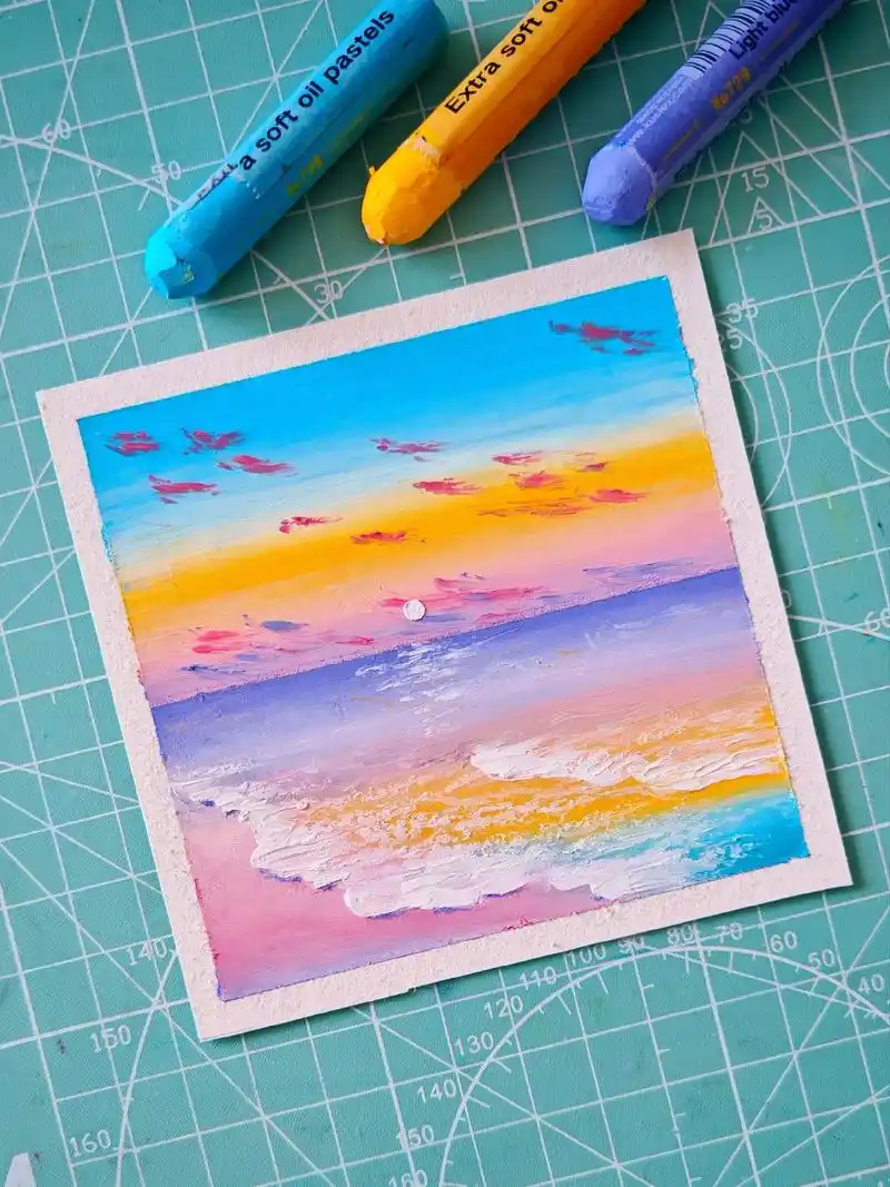 油画棒|海边治愈风景画,画画教程#油画棒风景画 #油画棒教程