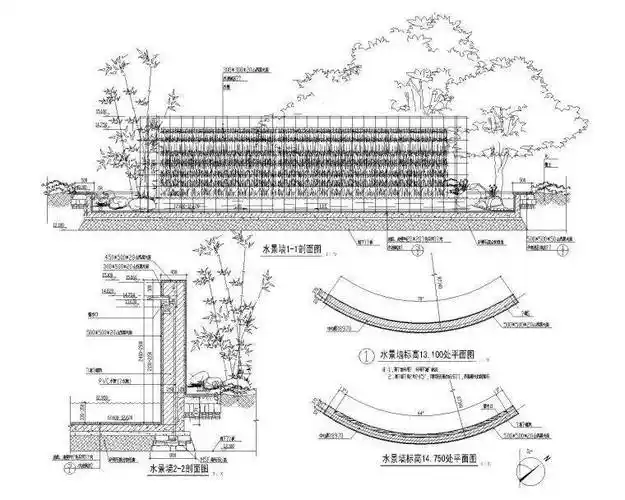 园林景墙施工cad详图20例_剖面图_流水_特色