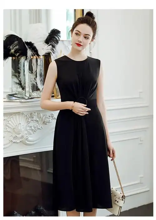 夏装新款复古小黑裙大伞摆收腰无袖晚礼服裙修身显瘦连衣裙