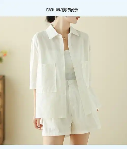 2775亚麻衬衫套装女夏薄款七分袖口袋文艺棉麻衬衣阔