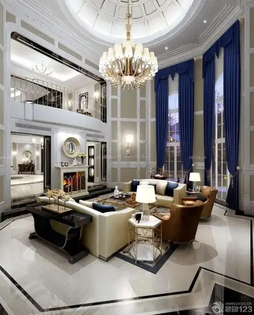 豪华别墅蓝色窗帘装修图片大全_装信通网效果图