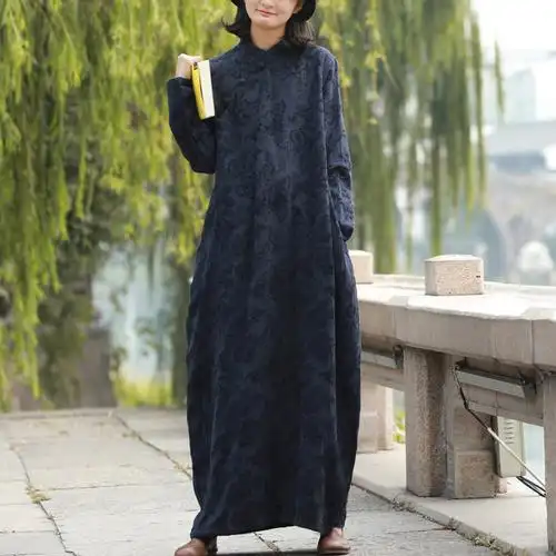 秋装新款民族风棉麻袍子提花加绒长袍复古盘扣大码女装加厚连衣裙
